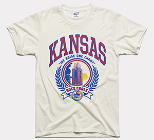 "White T-shirt that says rock chalk and we raise one chant"